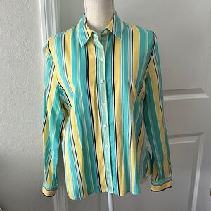 Jones New York Sport Petite Teal and Yellow Striped Shirt